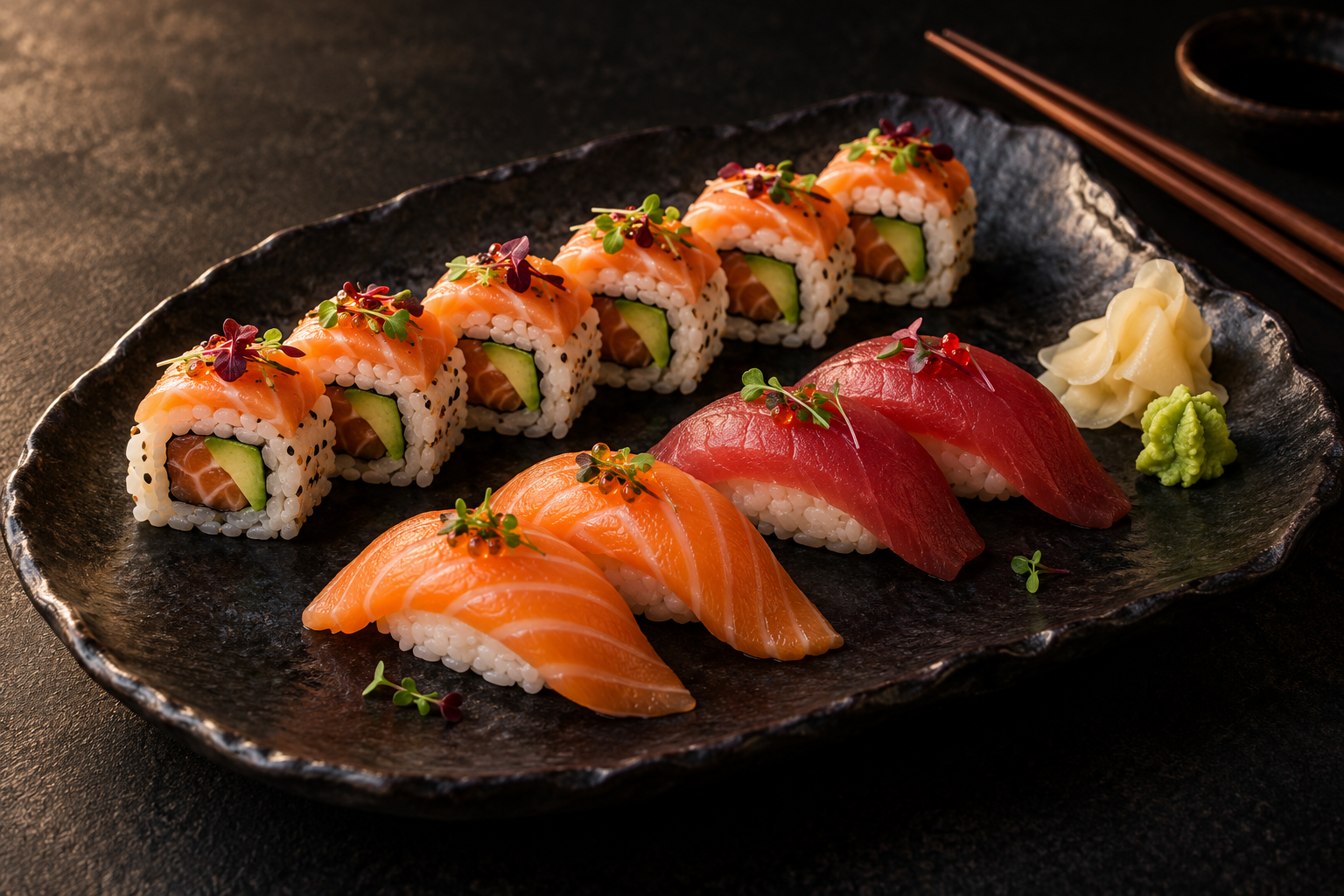 Handcrafted sushi on a black ceramic platter